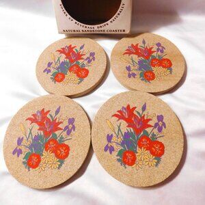 ThirstyStone Sandstone Coaster Set Floral Design Vintage 1988